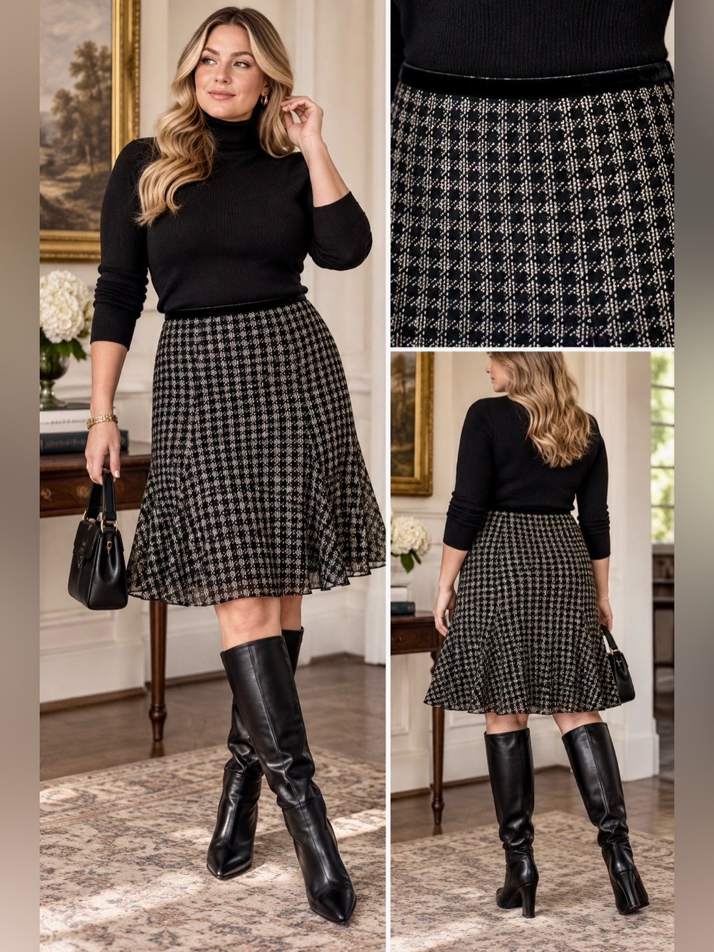 AK Anne Klein Silk Skirt Women’s 12 Black Ivory Geometric Flare Y2K Midi - Picture 2 of 7